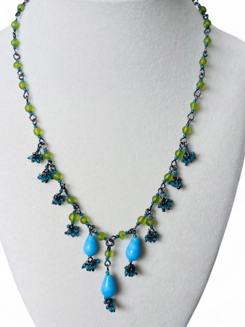 Handmade Boho Lime Green & Turquoise Blue Beaded Statement Necklace